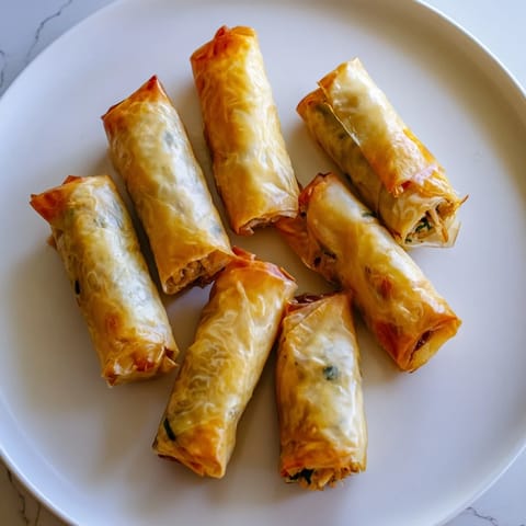 Close-up of freshly air-fried chicken lumpia bites; a delicious Filipino-inspired snack to share.
