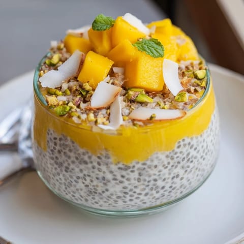 A vibrant bowl of Mango Coconut Chia Pudding, a healthy and delicious vegan treat.
