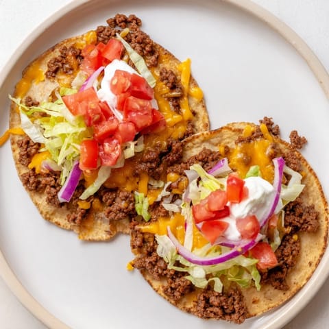 Golden, crispy-edged Crispy Smash Tacos are piled high with fresh toppings like tomatoes and onions.