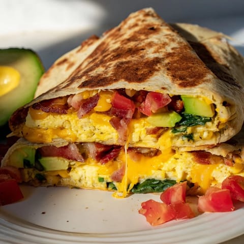 A perfectly crisped, delicious crispy breakfast wrap filled with savory bacon, melty cheese and fresh fillings.