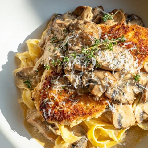 Tender chicken cutlets smothered in a velvety mushroom Marsala cream sauce, garnished with fresh parsley and Parmesan over pasta.  