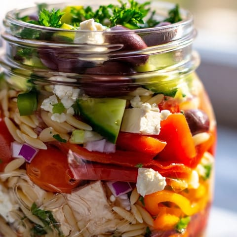 A hand holding a Greek Pasta Chicken Salad Jar, ready to shake and enjoy as a fresh Mediterranean meal prep lunch.