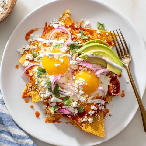 Hearty chilaquiles breakfast platter with creamy avocado slices, crumbled queso fresco, and a drizzle of sour cream.