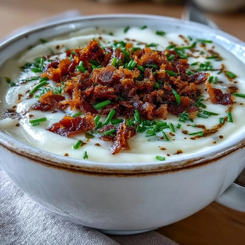 A bowl of Creamy Celeriac Soup with Crispy Bacon, ready to serve with crusty bread.