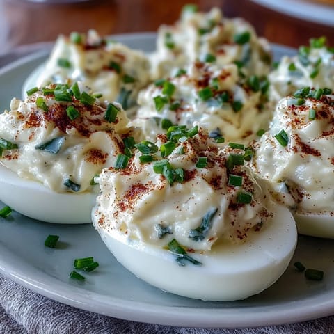 Golden yolk filling whipped creamy with mayo and cream cheese inside egg whites.