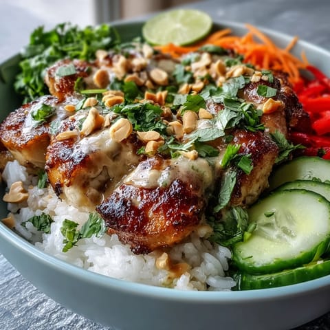A vibrant Thai Peanut Chicken Bowl with fresh veggies, chopped peanuts, and cilantro, ready to enjoy alongside lime wedges.  