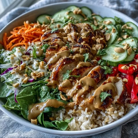 A close-up of a hearty Peanut Chicken Power Bowl shows a creamy peanut sauce drizzled over tender chicken, crunchy carrots, and purple cabbage.