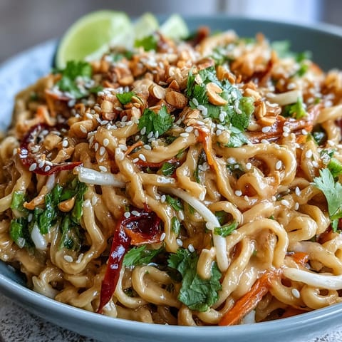 A vibrant Asian Peanut Noodle Bowl garnished with fresh cilantro and chopped peanuts for crunch.