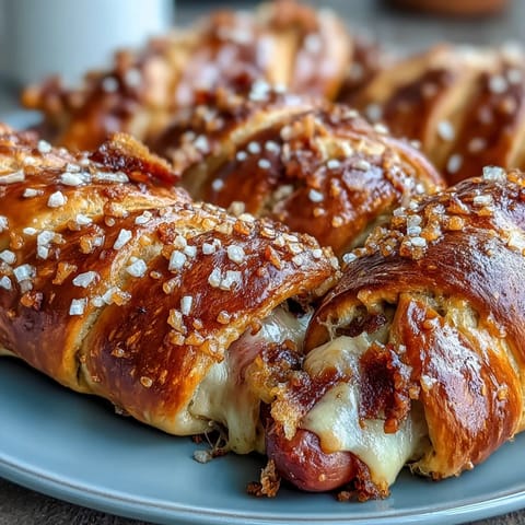 Freshly baked Soft Baked Cheesy Pretzel Dogs served warm with mustard.