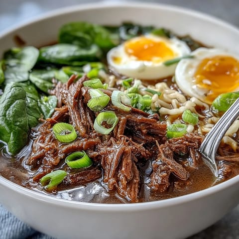 Overhead view of freshly cooked Slow Cooker Beef Ramen Noodles, garnished with vibrant spinach, halved soft-boiled eggs, and a drizzle of chili oil, perfect for a cozy weeknight dinner.