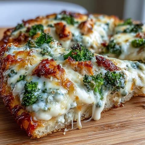 A close-up of the Garlic Parmesan Chicken & Broccoli Pizza with golden crust and bubbly mozzarella.