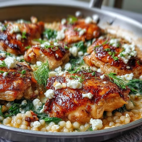 Creamy Greek Chicken & Pearl Couscous Bake with golden chicken thighs and melted feta in a skillet.
