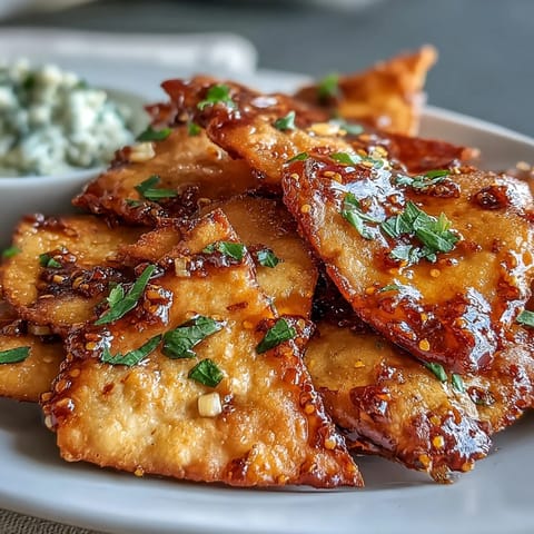 Golden, crispy Spicy Chili Crisp Garlic Naan Chips are served next to a creamy Asian cucumber dip garnished with fresh herbs.
