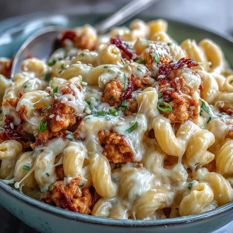 Creamy macaroni and cheese topped with sweet and spicy Korean-style turkey crumbles, fresh scallions, and toasted sesame seeds for a fusion main dish.