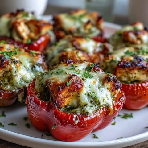 Juicy Pesto Chicken Stuffed Sweet Peppers are arranged on a white plate with fresh basil garnish.