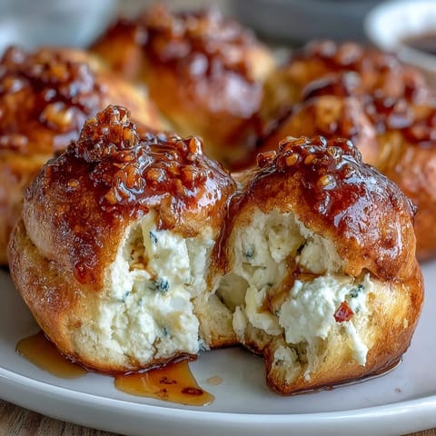 Golden-brown Hot Honey Ricotta Stuffed Garlic Knots fresh from the oven on a serving plate.