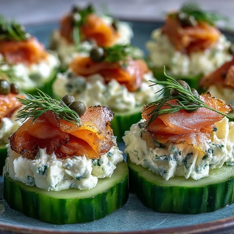 Close-up of creamy keto cucumber bites topped with smoked salmon and capers for a low-carb appetizer.