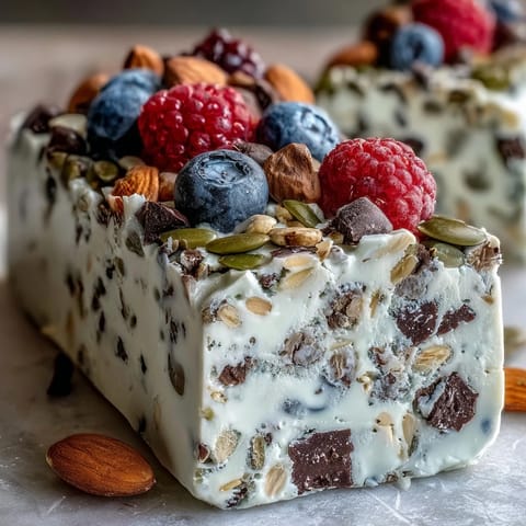 High-protein yogurt breakfast bark with berries and seeds, a colorful frozen treat layered with creamy Greek yogurt and crunchy toppings.