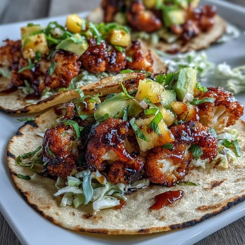 Roasted smoky cauliflower drizzled with sweet BBQ sauce, nestled in warm tortillas with zesty salsa.