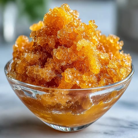 Tropical mango granita dessert with bright citrus notes, perfect for cooling down on hot days with a light, fruity texture.  