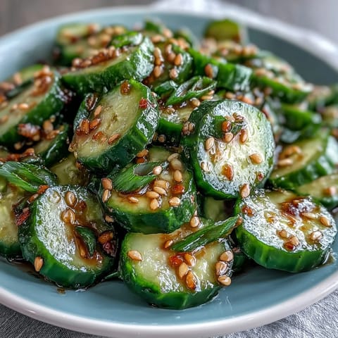 A light and refreshing cucumber salad tossed with a savory soy-sesame dressing, topped with toasted sesame seeds and fresh herbs.  