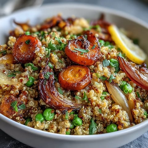 Warm quinoa bowl with roasted carrots and green peas, a vibrant vegetarian meal topped with fresh parsley and optional feta cheese.
