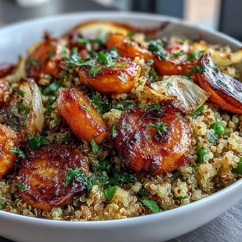 Nutritious quinoa bowl featuring caramelized roasted carrots, sweet green peas, and a tangy lemon Dijon dressing for a satisfying lunch.