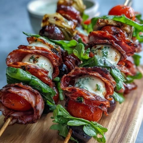 Picnic-Ready Italian Sub Skewers with Homemade Aioli arranged on a platter, featuring layers of salami, ham, and mortadella with mozzarella, tomatoes, and olives on bamboo sticks. Creamy aioli in a small bowl for dipping, perfect for outdoor gatherings.