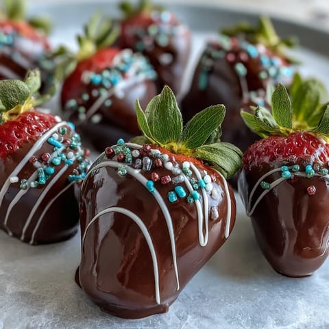 Vibrant Easter strawberries dipped in smooth dark chocolate and adorned with pastel sprinkles create a cheerful spring celebration treat.