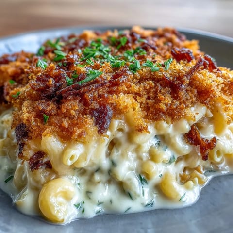 Creamy baked mac and cheese with golden crust and crispy bacon crumb topping, rich and savory comfort food.  