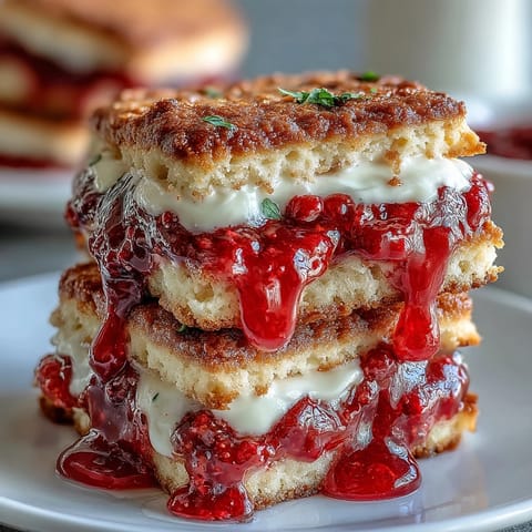 Clotted cream shortbread cookies filled with raspberry jam, arranged in a stack on a white plate for a classic British teatime treat.