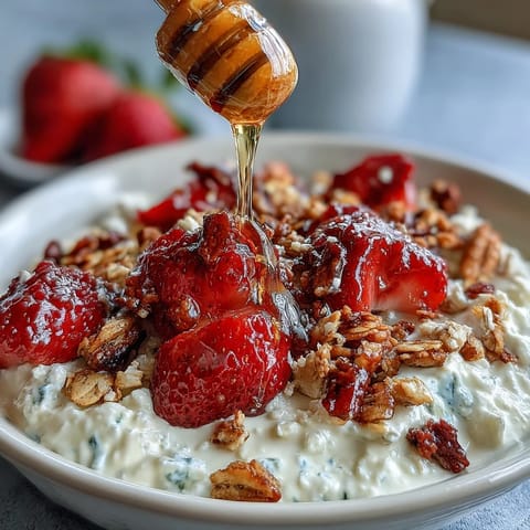 Creamy cottage cheese breakfast bowl topped with fresh strawberries and crunchy granola, drizzled with honey for a vibrant start to your day.