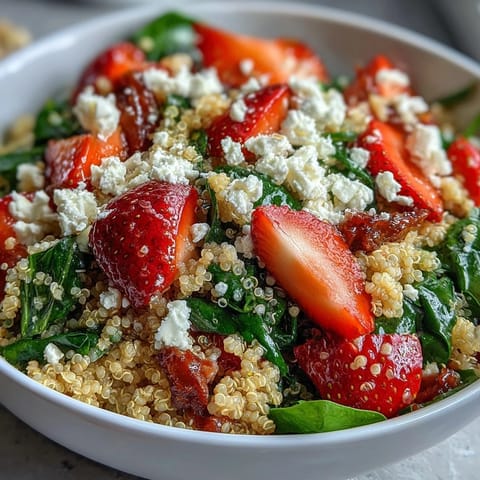 Strawberry feta quinoa salad with balsamic dressing, featuring juicy berries, creamy cheese, and fluffy grains for a refreshing spring dish.