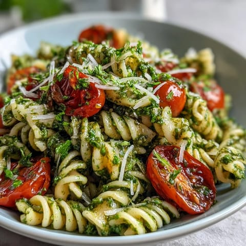 Fresh summer pasta salad with pesto and cherry tomatoes, served in a white bowl with shaved parmesan and lemon zest.