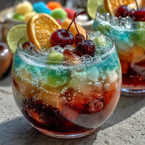 Colorful sherbet floats in a sparkling lemon-lime punch, garnished with fresh fruit slices for a fun grad party centerpiece.