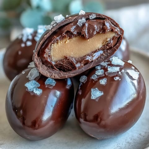 1. Dark chocolate peanut butter Easter eggs with sea salt, showcasing rich, glossy shells and a sprinkle of flaky salt on top.