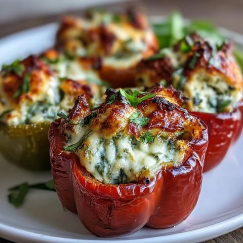Golden, bubbly mozzarella tops Pesto Chicken Stuffed Sweet Peppers fresh from the oven.