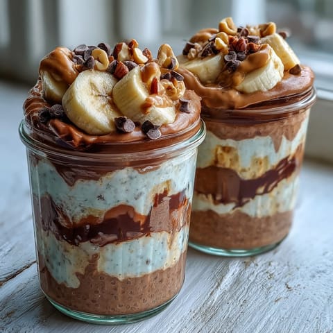 Creamy chocolate chia pudding layered with ripe banana slices and a drizzle of natural peanut butter in a glass jar.  