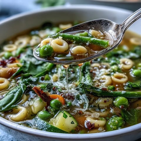 Fresh spring minestrone soup with vibrant vegetables, pasta, and herbs in a light broth.