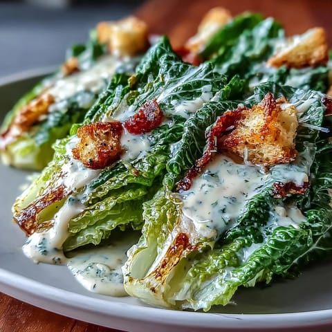 Creamy tahini Caesar salad with crisp romaine, cherry tomatoes, and crunchy croutons tossed in a tangy lemon-tahini dressing.