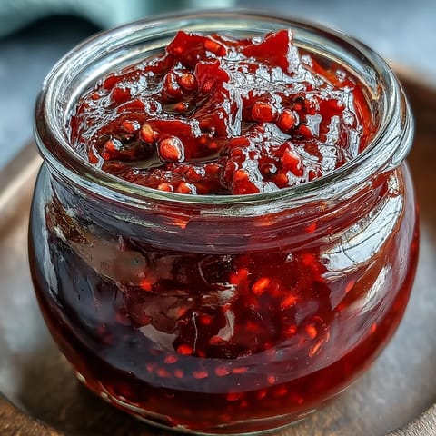 Simmering Blackberry Jalapeño BBQ Sauce showing sweet berries, spicy peppers, and rich brown sugar.
