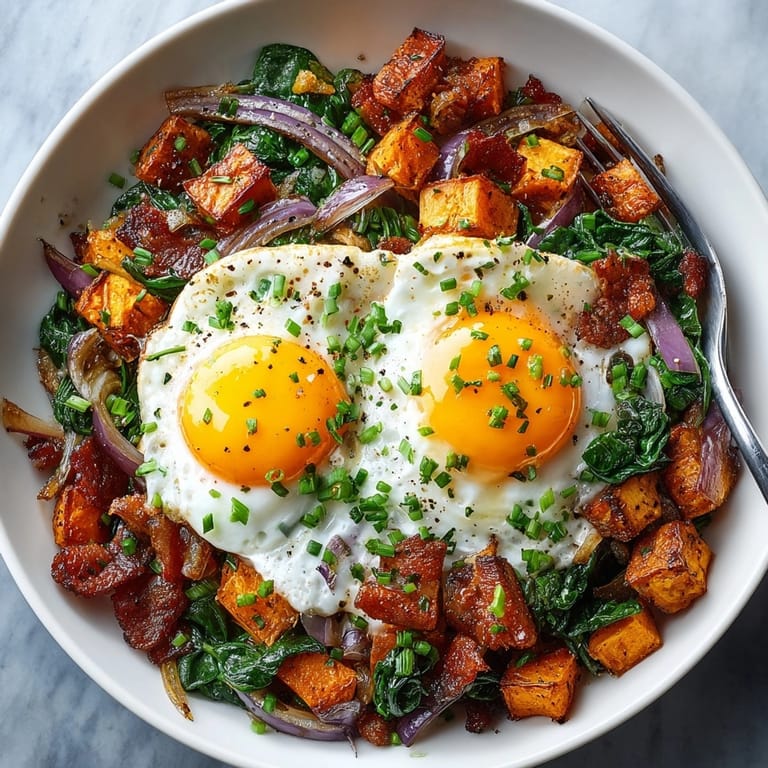 Eye-level view of a colorful Sweet Potato & Bacon Breakfast Hash, ready to serve.
