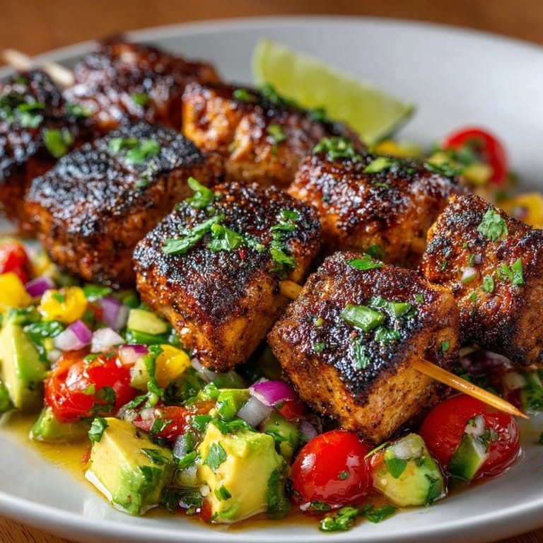 Tender Spiced Grilled Chicken Skewers with Avocado Salsa – smoky and so flavorful.