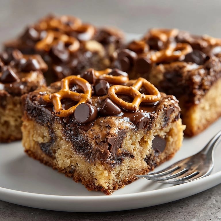 Homemade Maple-Pretzel Chocolate Chip Blondies: A sweet and salty treat with maple aroma.