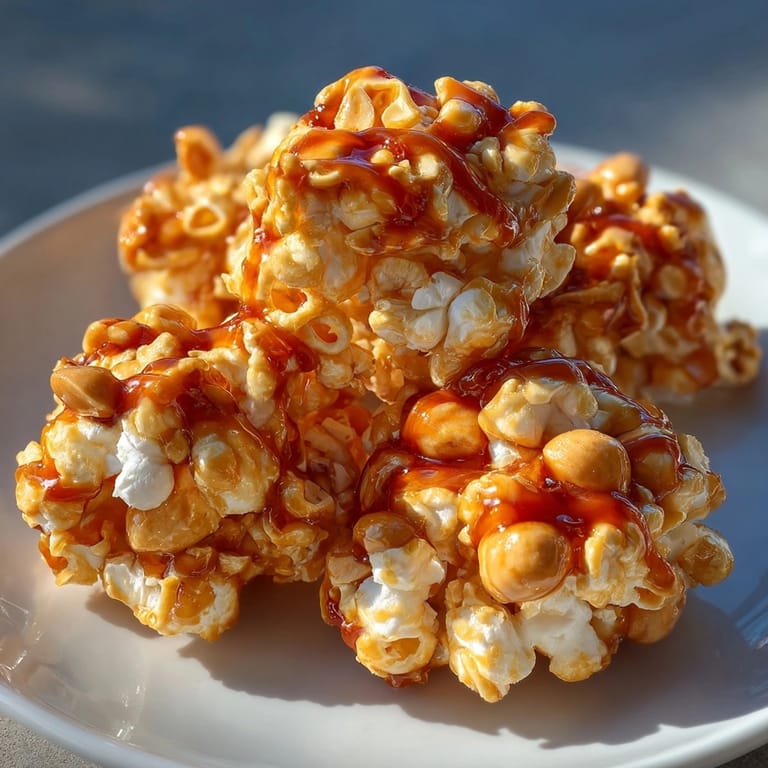 Homemade Caramel-Popcorn Peanut Clusters, a sweet and salty delight, ready for movie night.
