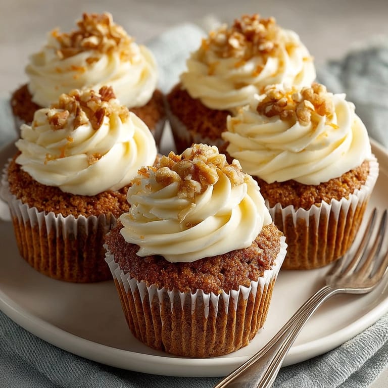 Golden, moist Carrot Cake Cupcakes with a swirl of rich cream cheese frosting.