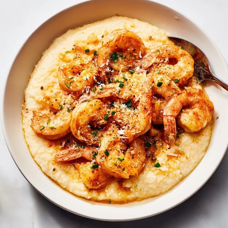 Close-up of a steaming Shrimp Parmesan Grits Bowl, garnished with fresh parsley and parmesan.