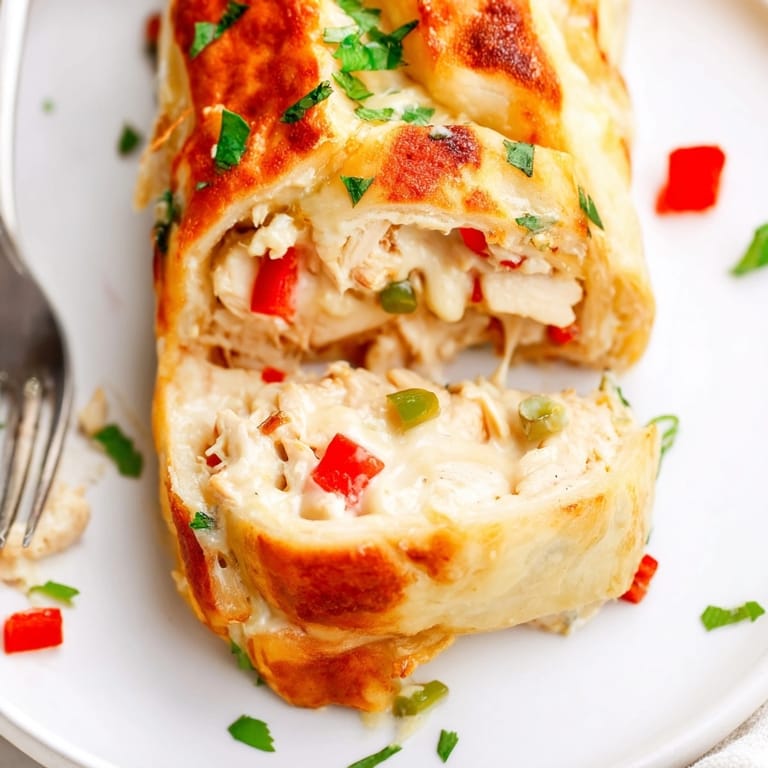 Homemade Cajun Chicken Alfredo Pizza Rolls: Spicy chicken and creamy sauce baked to perfection.