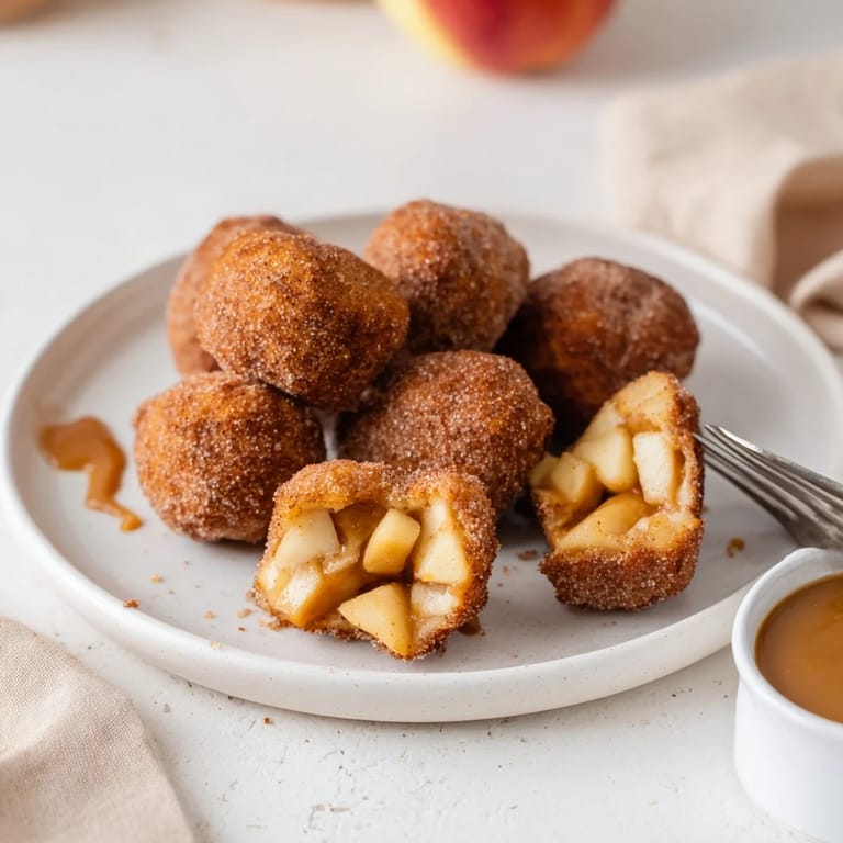Golden caramel apple churro balls ready for dipping in rich homemade caramel sauce.