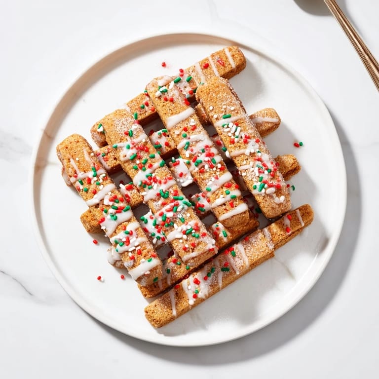 Deliciously spiced gingerbread cookie sticks displayed with colorful festive sprinkles on top.  